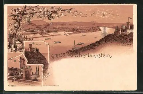Lithographie Oberlahnstein, Totalansicht mit Stolzenfels, Lahneck und Schlosseingang