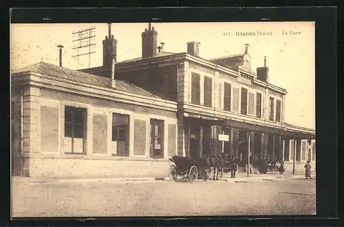 AK Gisors, la Gare, Bahnhofsgebäude mit Pferdekutsche