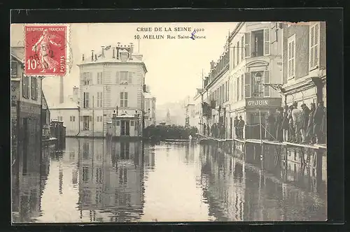 AK Melun, Rue Saint-Oiesne, Crue de la Seine 1910, Hochwasser