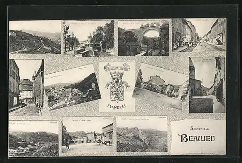 AK Beaujeu, Elf Ansichten des Ortes mit Wappen
