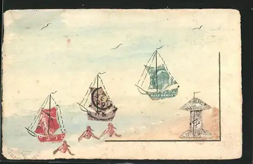 AK Segelboote auf dem Meer, Briefmarkencollage