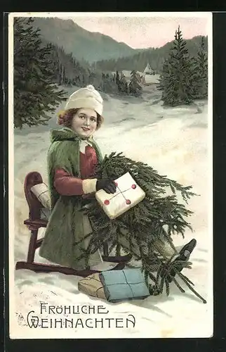 Präge-AK Frau auf Schlitten mit Weihnachtsgrüssen