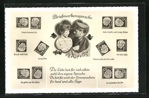 AK Portrait eines Liebespaares, Briefmarkensprache mit unterschiedlich angeordneten Briefmarken