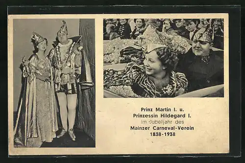 AK Mainz, Prinz Martin I. und Prinzessin Hildegard I. im Jubeljahr des Mainzer Carneval-Vereins 1838-1938