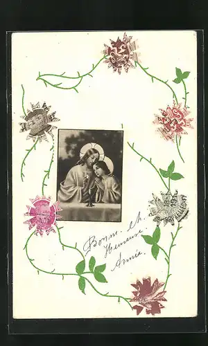 AK Briefmarkencollage, Jesus umgeben von Blumen