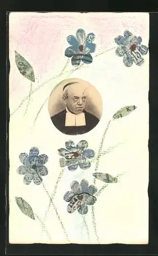 AK Briefmarkencollage, Priester umgeben von Blumen