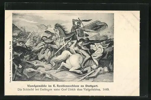 AK Stuttgart, Wandgemälde im K. Residenzschloss, Die Schlacht bei Esslingen