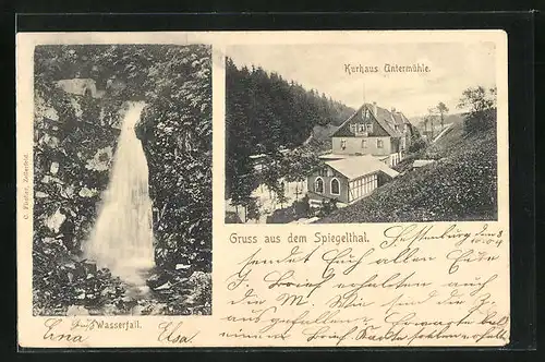 AK Zellerfeld, Kurhaus Untermühle und der Spiegelthaler Wasserfall