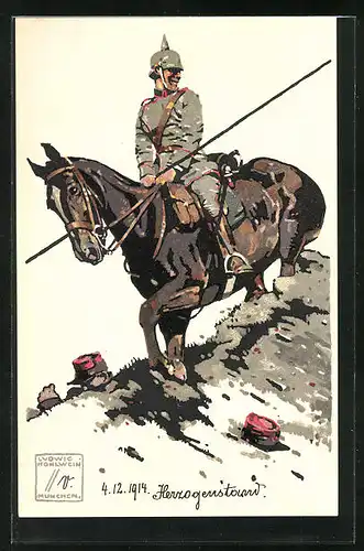 Künstler-AK Ludwig Hohlwein: Deutscher Kavallerist reitet über gefallenen französischen Soldaten hinweg