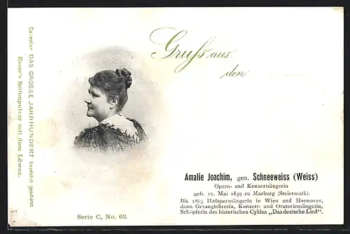 AK Opernsängerin Amalie Joachim, gen. Schneeweiss (Weiss)