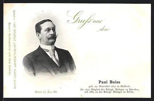 AK Opernsänger Paul Bulss mit Zwicker