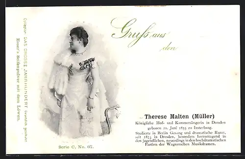 AK Therese Malten, Müller, Hof- und Kammersängerin in Dresden