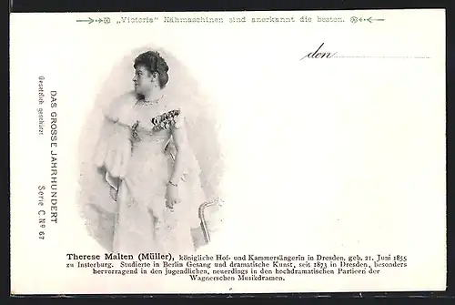 AK Opernsängerin Therese Malten-Müller im weissen Kleid, Reklame für Victoria Nähmaschinen