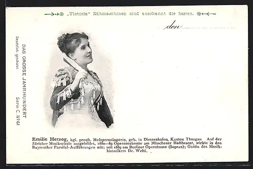 AK Opernsängerin Emilie Herzog mit Fächer, Reklame für Victoria Nähmaschinen