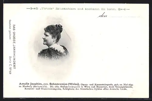 AK Opernsängerin Amalie Joachim mit Haarknoten, Reklame für Victoria Nähmaschinen