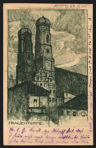 Künstler-AK München, Blick auf die Türme der Frauenkirche
