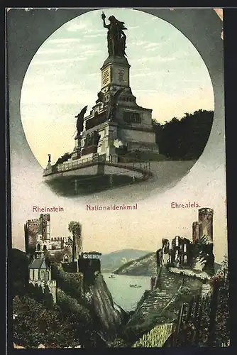 AK Nationaldenkmal auf dem Niederwald, Rheinstein und Ehrenfels