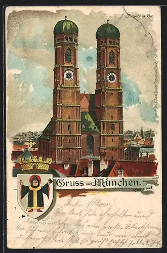 Künstler-AK München, Frauenkirche mit Ortsansicht, Wappen mit Münchner Kindl