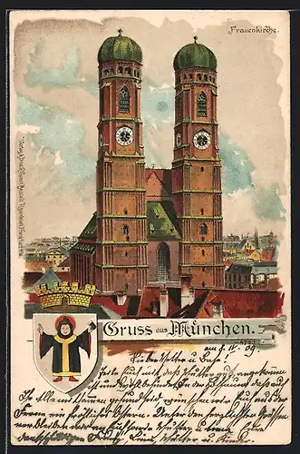 Künstler-AK München, Frauenkirche mit Ortsansicht, Wappen mit Münchner Kindl
