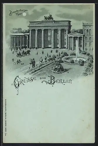 Mondschein-Lithographie Berlin, Brandenburger Tor mit Fontäne