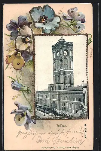 Glitzer-AK Berlin, Rathaus, Veilchen, Passepartout