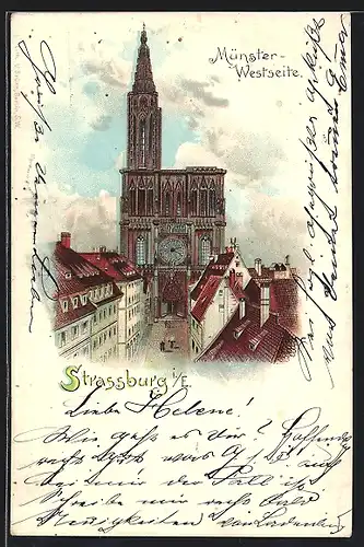 Lithographie Strassburg i. E., Westseite des Münster