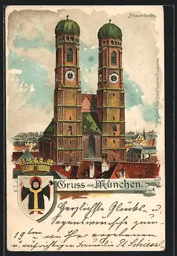 Lithographie München, die Frauenkirche, Münchner Kindl