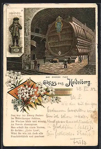 Lithographie Heidelberg, Zwerg Perkeo, Das grosse Fass