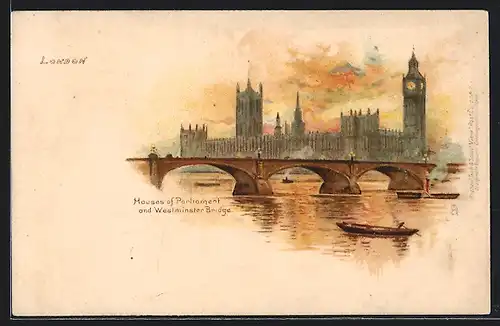 Lithographie London, Houses of Parliament and Westminster Bridge um 1900