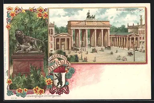 Lithographie Berlin, Brandenburger Tor, Wappen, Löwengruppe im Tiergarten