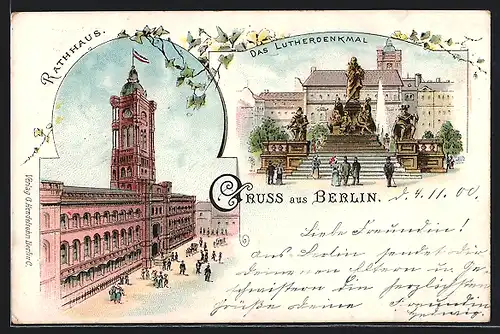 Lithographie Berlin, Lutherdenkmal, Neuer Markt, Rathaus