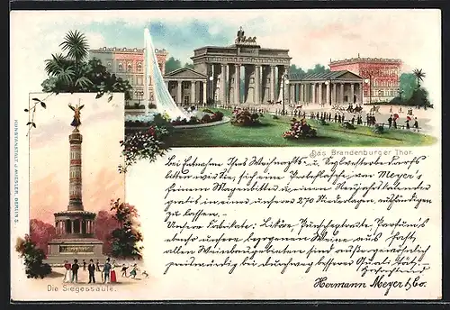 Lithographie Berlin, Das Brandenburger Tor, Die Siegessäule