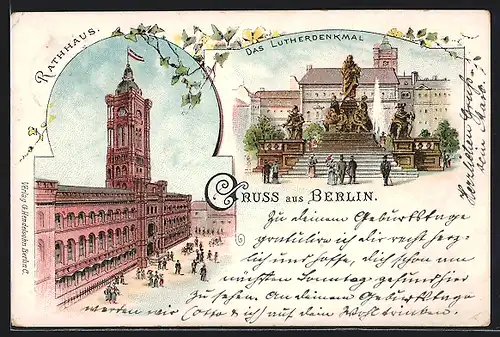 Lithographie Berlin, Lutherdenkmal, Neuer Markt, Rathaus