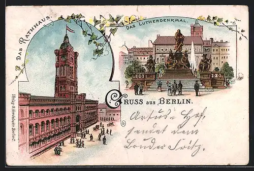 Lithographie Berlin, Lutherdenkmal, Neuer Markt, Rathaus