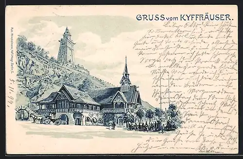 Lithographie Kyffhäuser, Totale mit Restauration und Denkmal