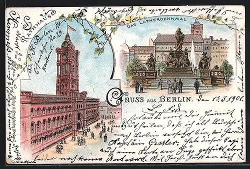 Lithographie Berlin-Mitte, Rathaus, Lutherdenkmal, Neuer Markt