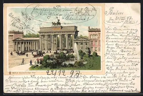 Lithographie Berlin, Passanten vor dem Brandenburger Tor