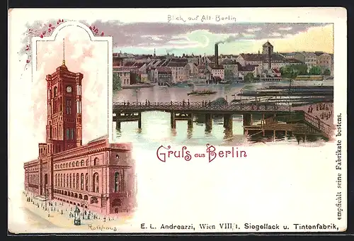 Lithographie Berlin, Totalansicht mit Rathaus