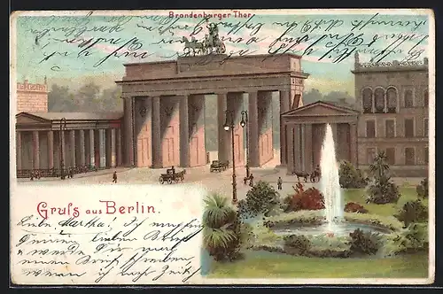 Lithographie Berlin, Brandenburger Tor, Brunnen, Pferdekutschen