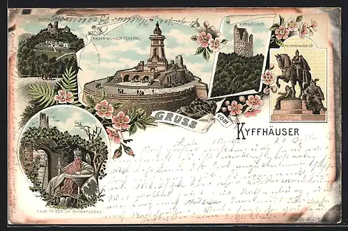 Lithographie Kyffhäuser, Sage Friedrich Barbarossa, Rothenburg, Reiterstandbild