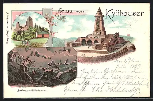 Lithographie Kyffhäuser, Barbarossa-Höhle Gerberei, Ruine Rothenburg, Kaiser Wilhelm-Denkmal am Kyffhäuser