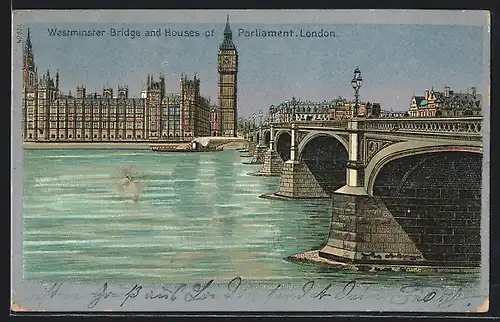 Lithographie London, Westminster Bridge and Houses of Parliament