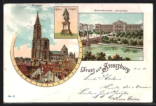 Lithographie Strassburg, Münster, Kleber-Denkmal, Univeritätsbrücke