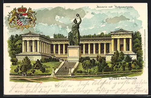Lithographie München, Bavaria mit Ruhmeshalle, Wappen