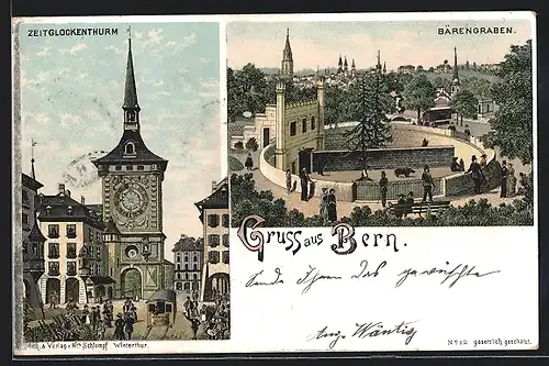Lithographie Bern, Zeitglockenturm und Bärengraben