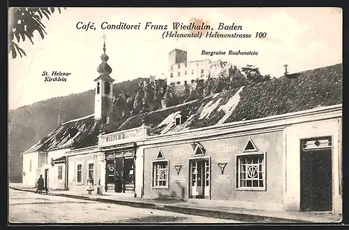 AK Baden, Café, Conditorei Franz Wiedhalm in der Helenenstrasse 100, Burgruine Rauhenstein