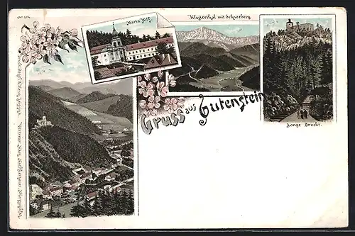 Lithographie Gutenstein, Maria Hilf, Klosterthal mit Schneeberg, Lange Brücke