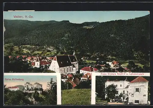 AK Weiten, Franz Grubers Gasthof u. Lohnfuhrwerk, Ruine Mollenburg, Teilansicht mit Kirche