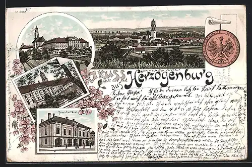 Lithographie Herzogenburg, Gasthaus Kellerstübel Terrasse, Neues Rathaus, Ortspartie mit Kirche