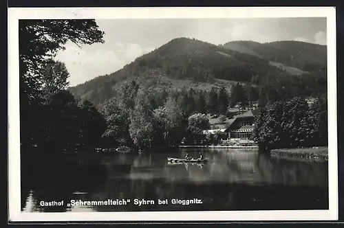 AK Syhrn bei Gloggnitz, Gasthof Schrammelteich mit Boot